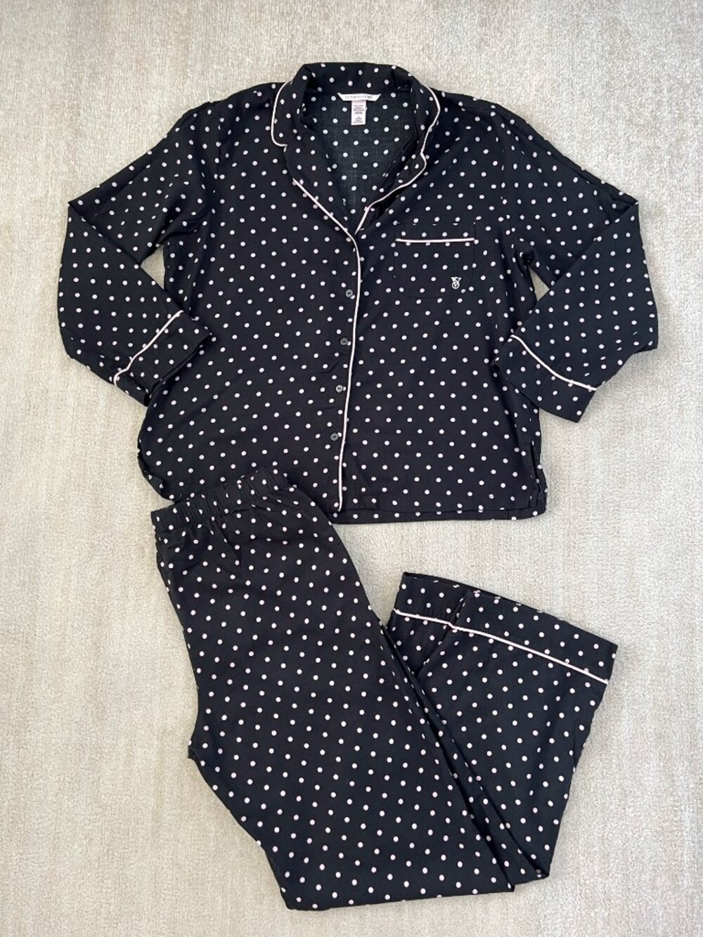 Victoria’s Secret Black Pink Polka Dot Matching Pajama Set M Button Up Sleepwear